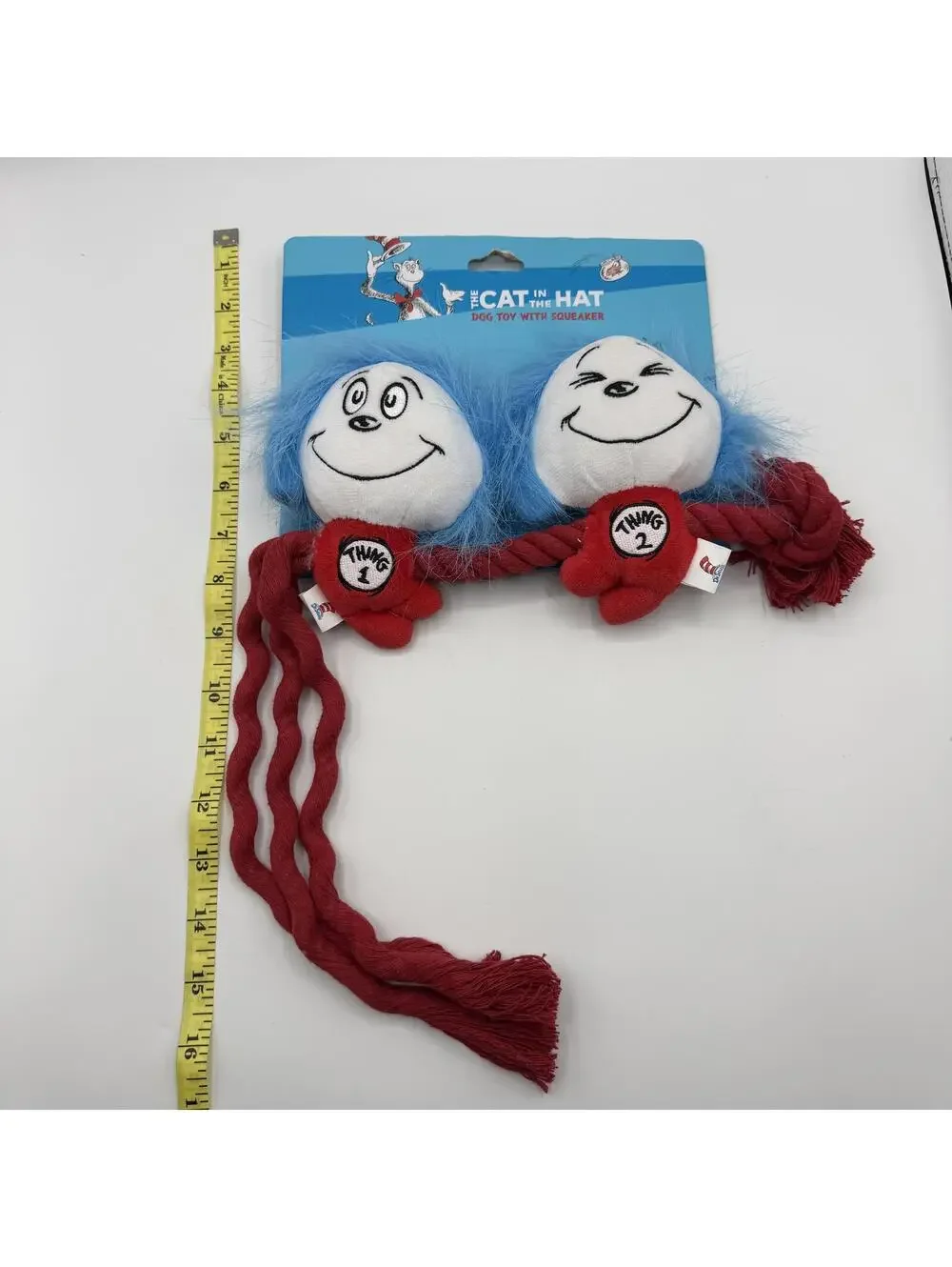 Dr Seuss The Cat in the Hat Thing 1 Thing 2 Plush Dog Toy With Squeaker Rope